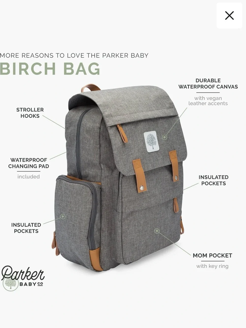 Parker Baby Co. Birch Bag  Backpack Grey Canvas